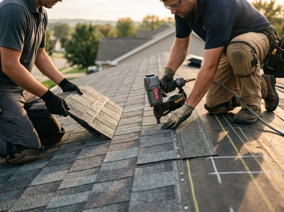 Professional roofer working on a residential roof in Metuchen